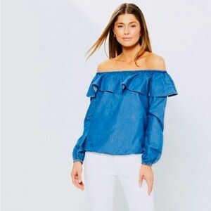 Michael Kors Denim Blue Off-Shoulder Blouse